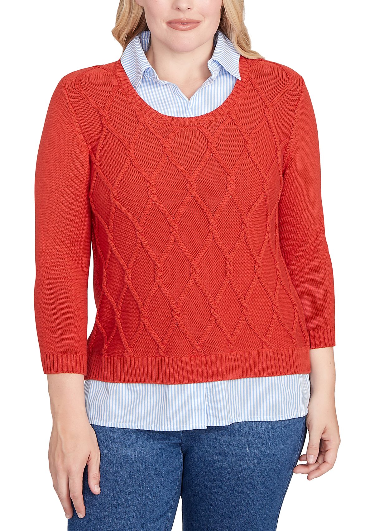 Petite Sunset Canyon Cable Stitch with Stripe Woven Trim Sweater