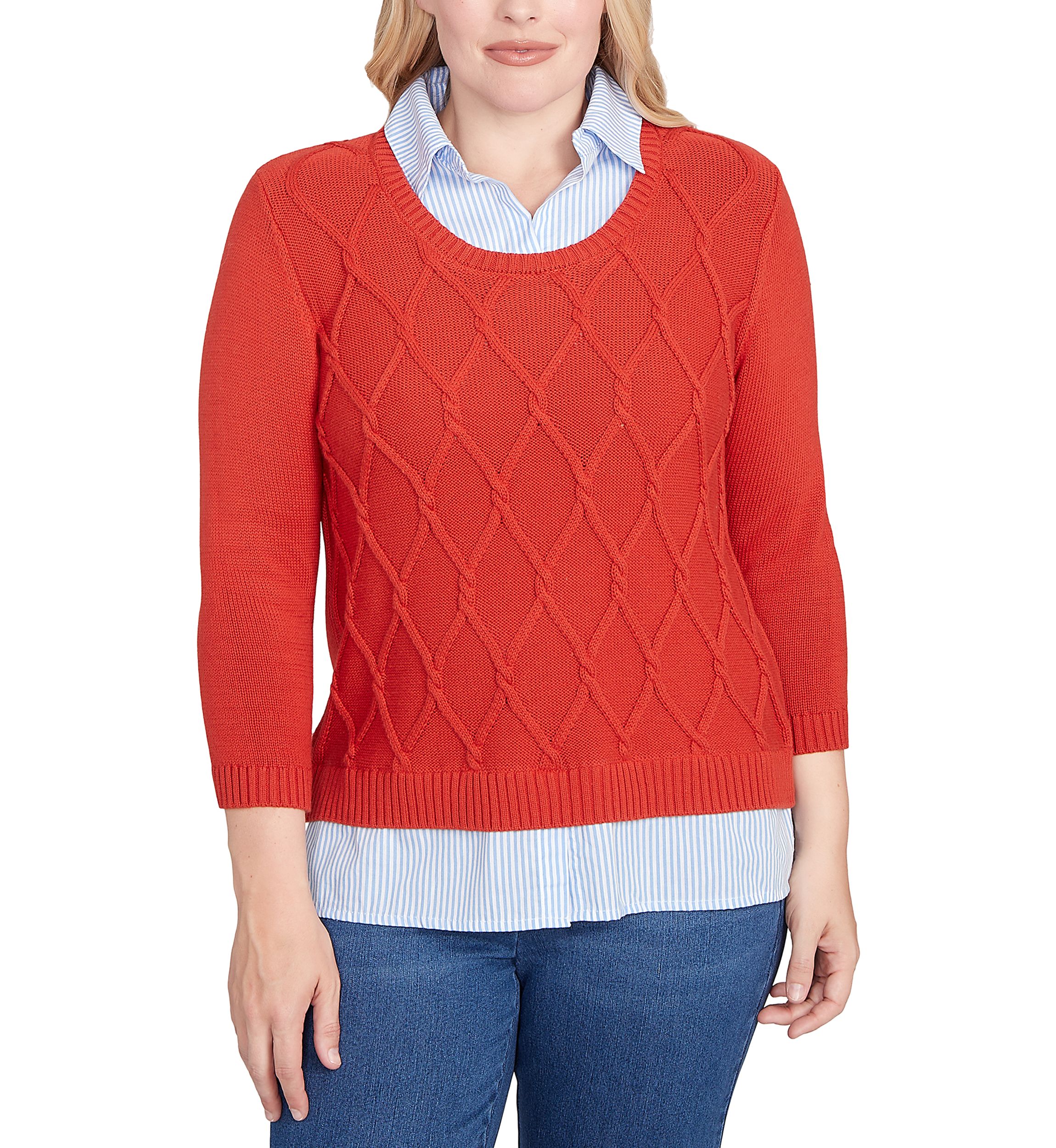 Petite Sunset Canyon Cable Stitch with Stripe Woven Trim Sweater