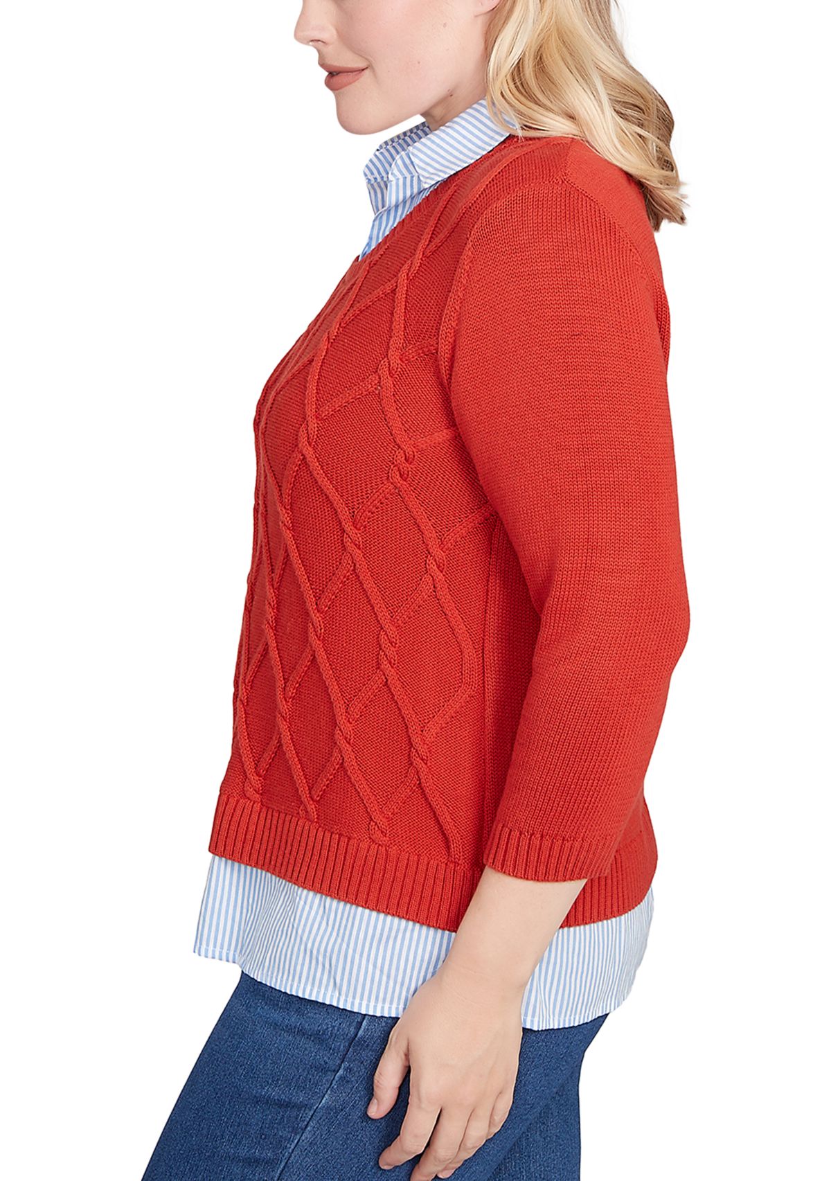 Petite Sunset Canyon Cable Stitch with Stripe Woven Trim Sweater