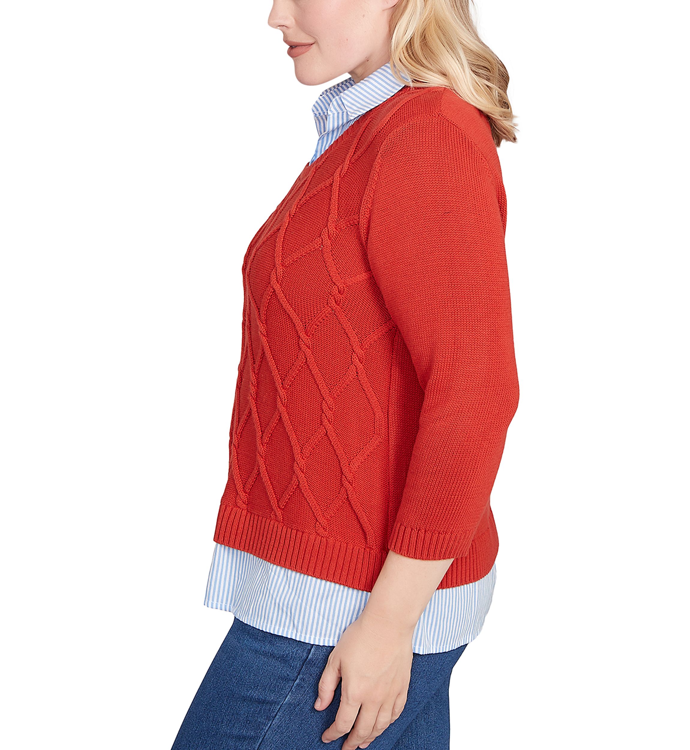 Petite Sunset Canyon Cable Stitch with Stripe Woven Trim Sweater