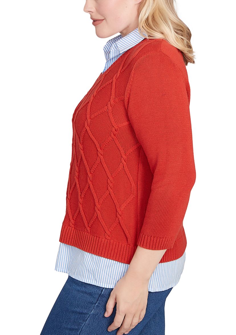 Petite Sunset Canyon Cable Stitch with Stripe Woven Trim Sweater