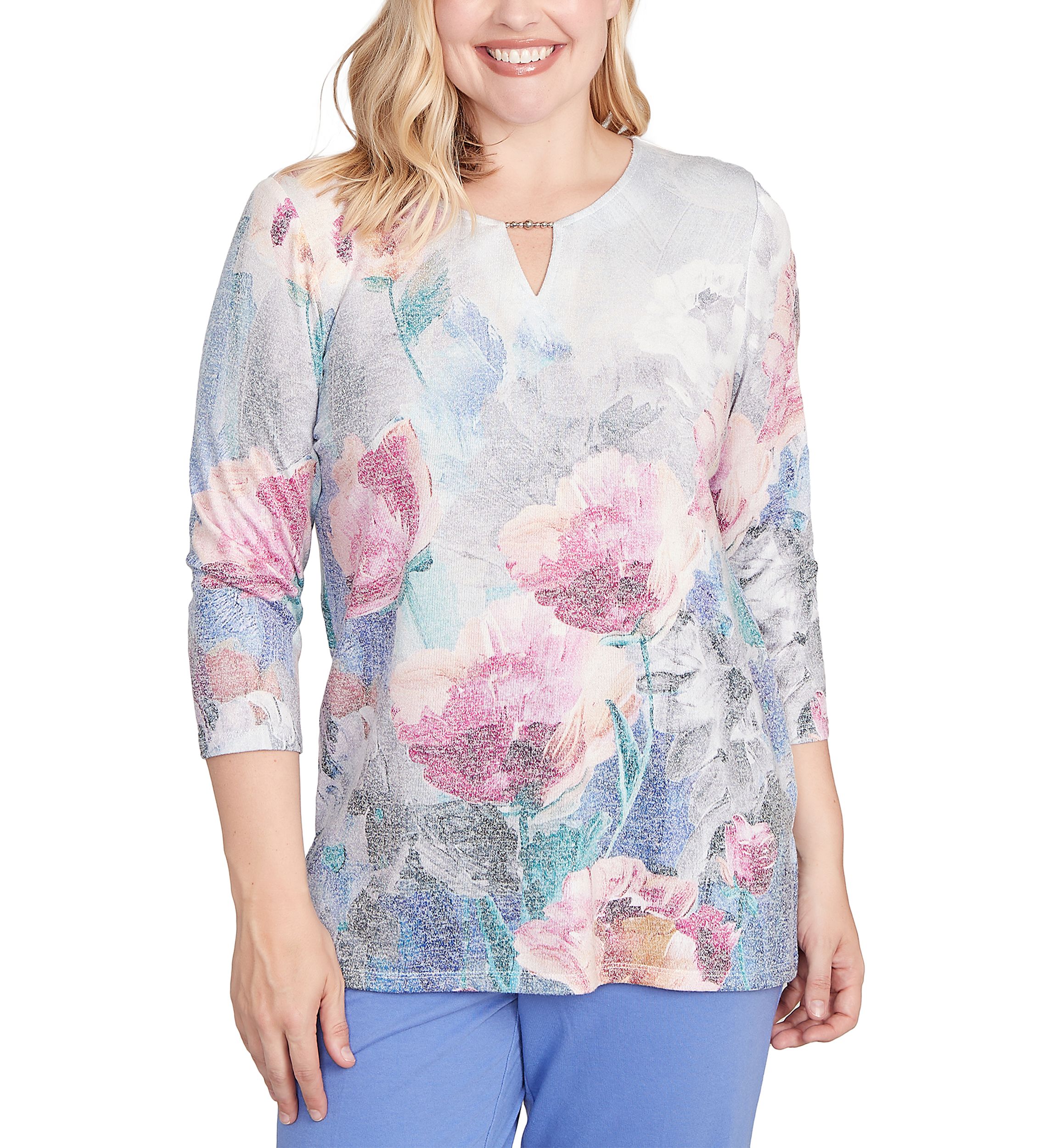 Womens Casual Vibe Border Brushstroke Floral Top