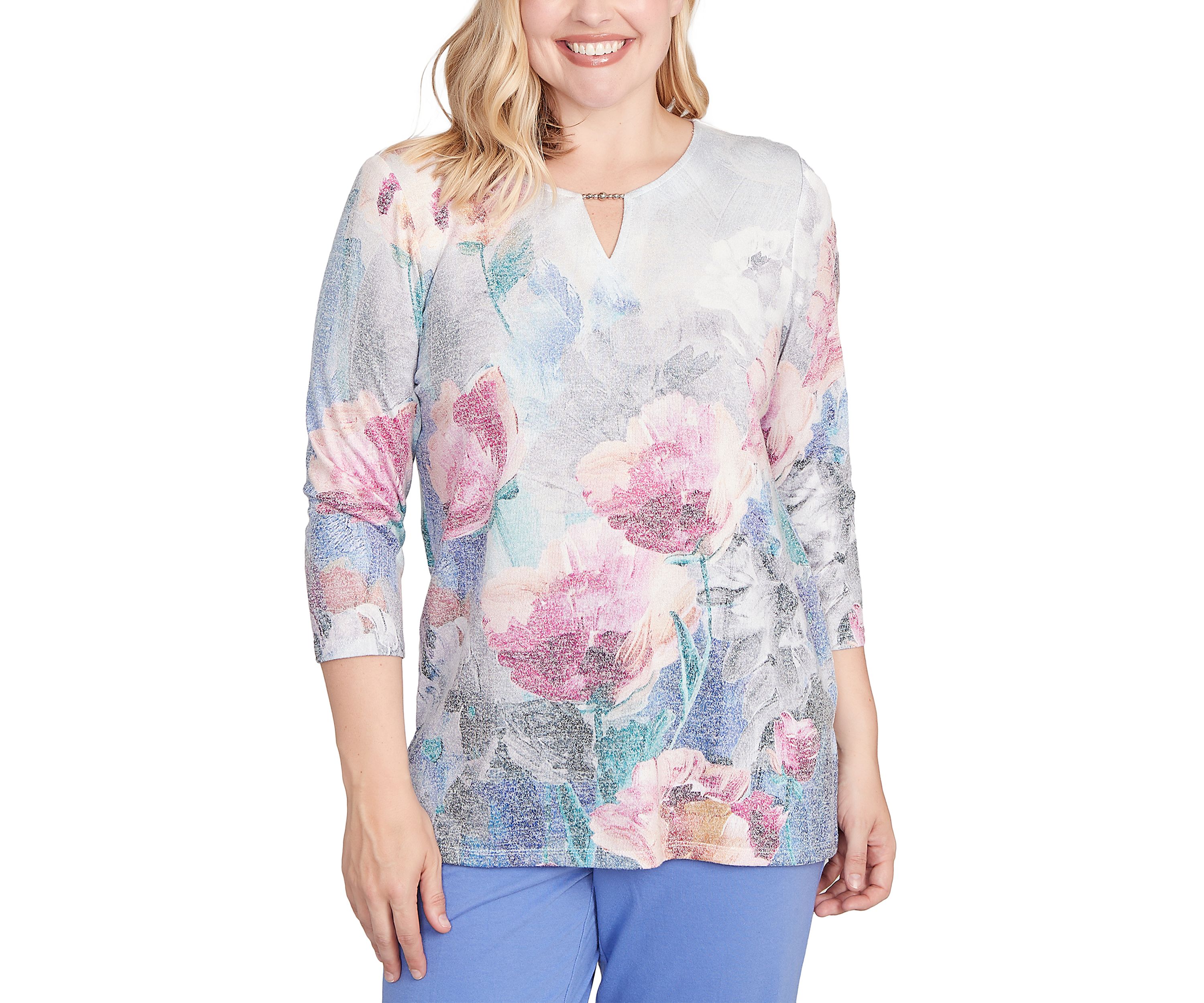 Womens Casual Vibe Border Brushstroke Floral Top