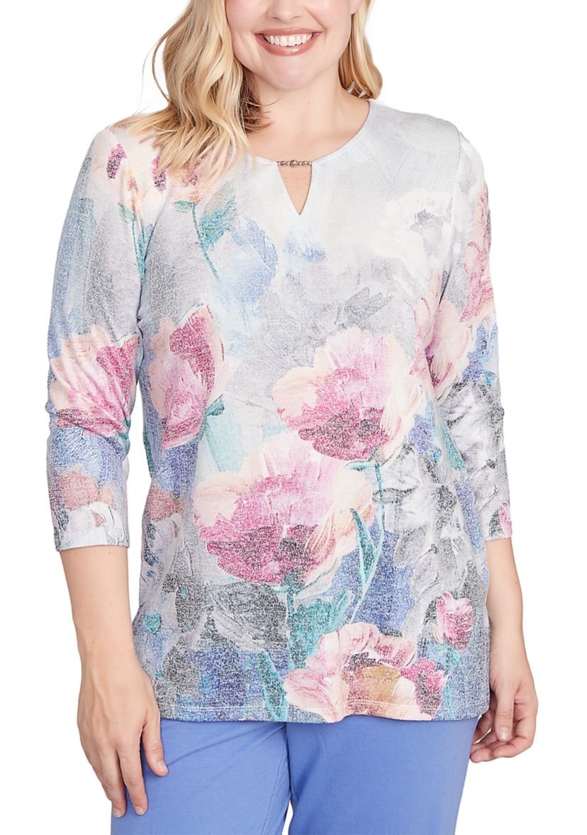 Womens Casual Vibe Border Brushstroke Floral Top