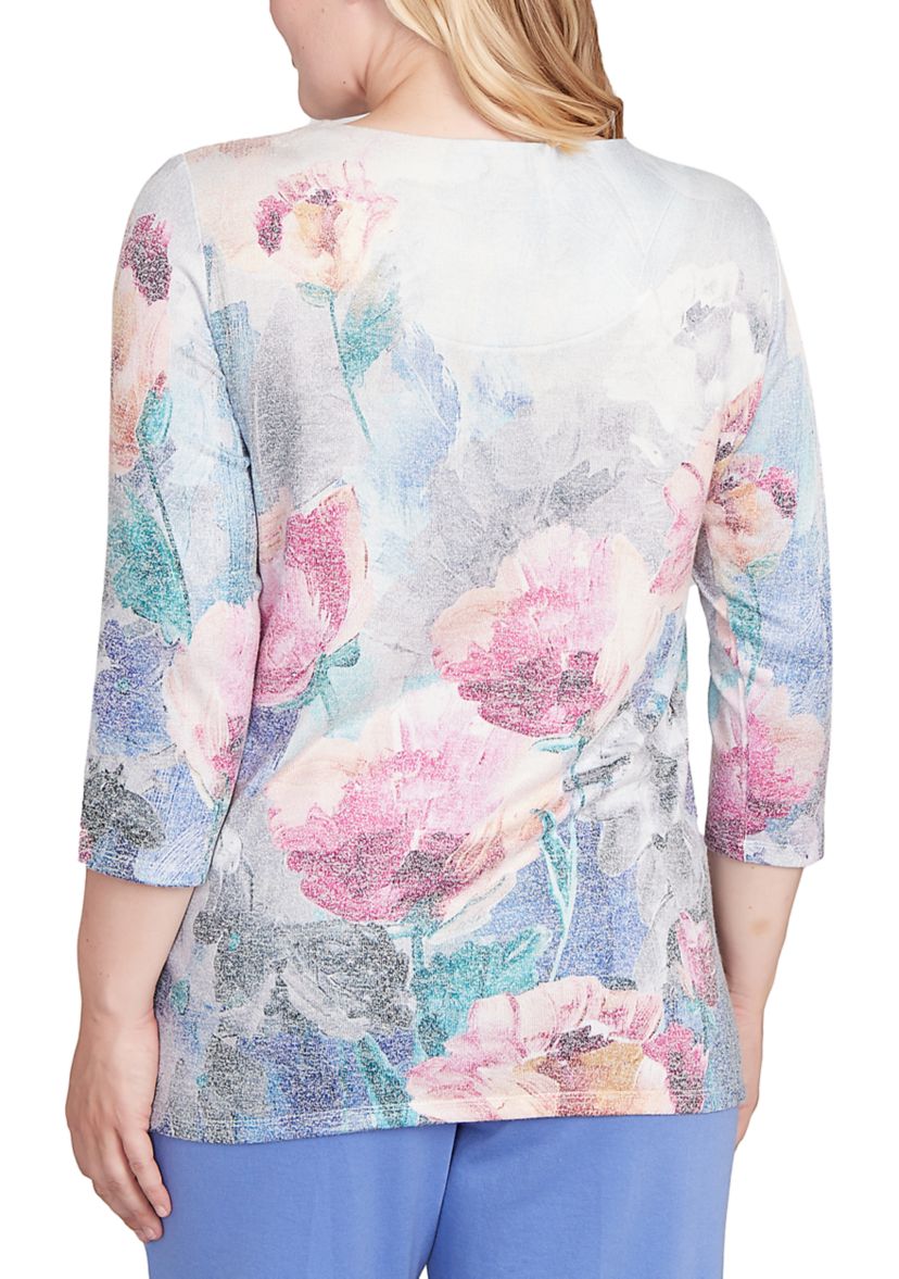 Womens Casual Vibe Border Brushstroke Floral Top
