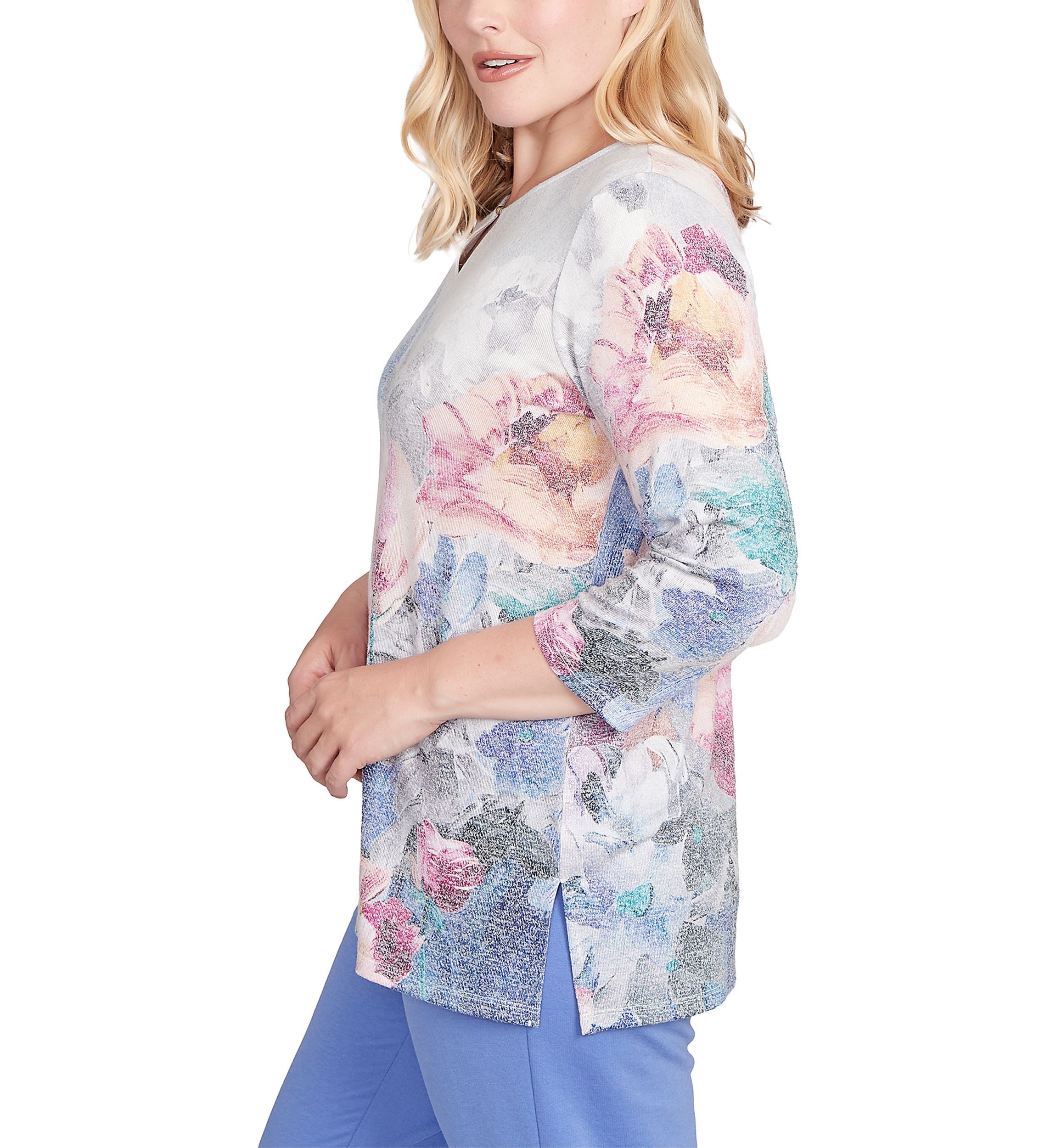 Womens Casual Vibe Border Brushstroke Floral Top