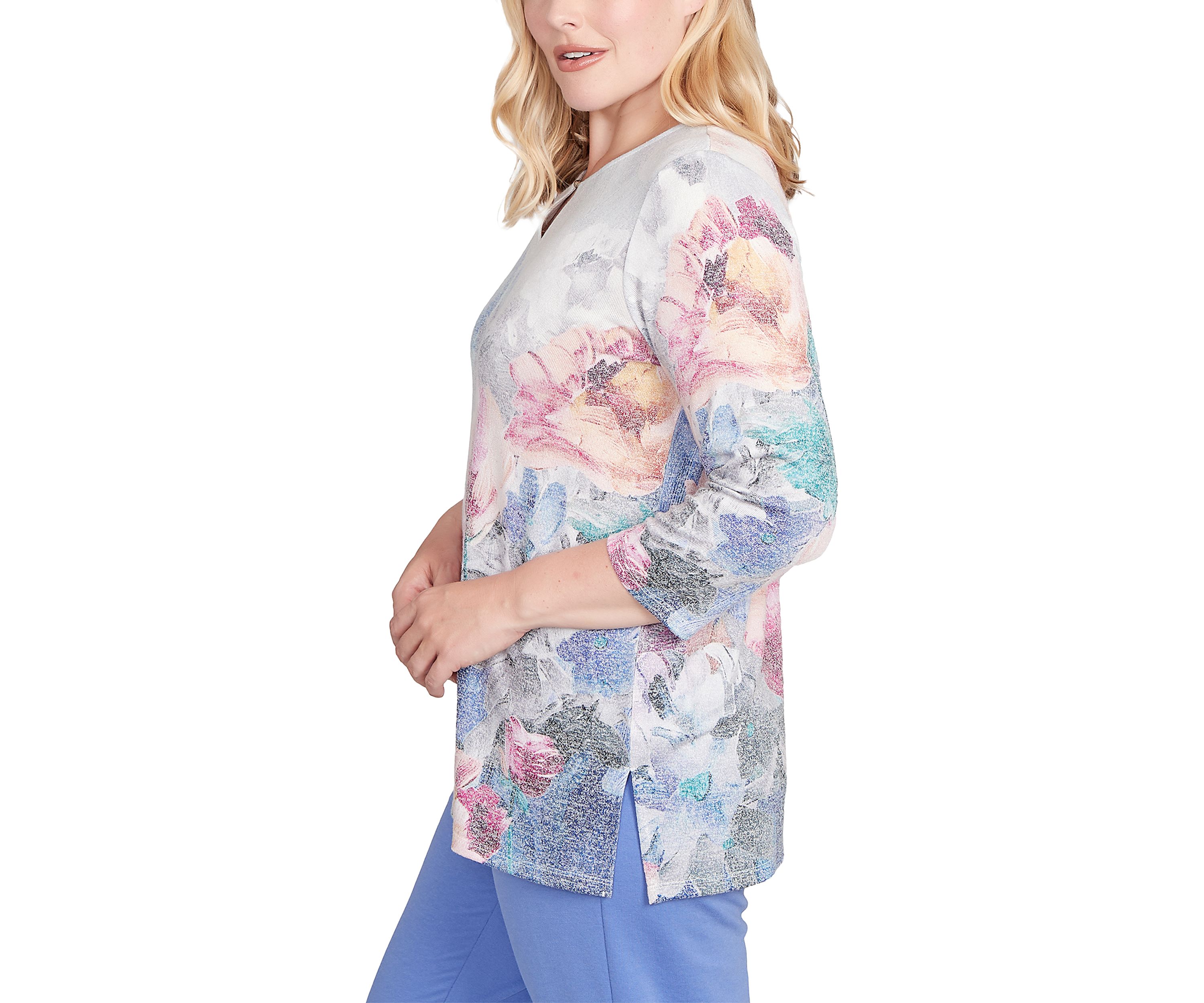 Womens Casual Vibe Border Brushstroke Floral Top