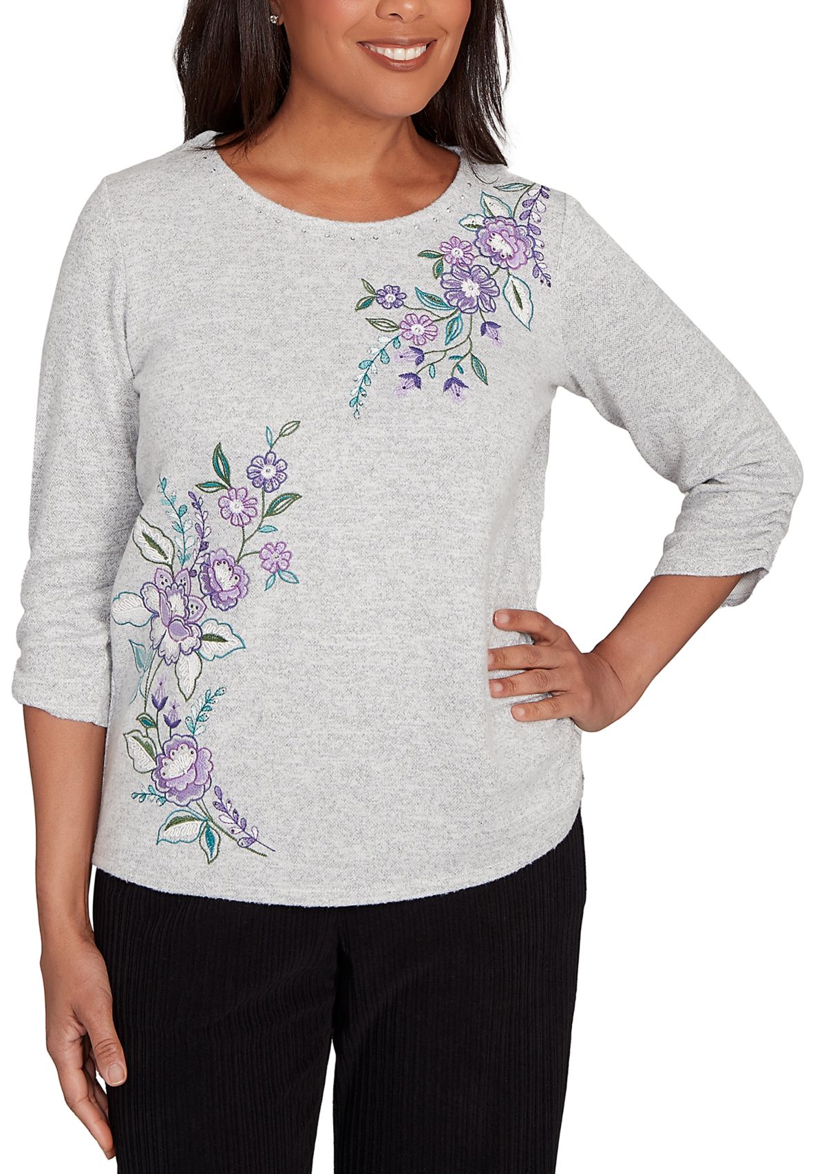 Womens Casual Vibe Asymmetric Flowers Embroidery Top 