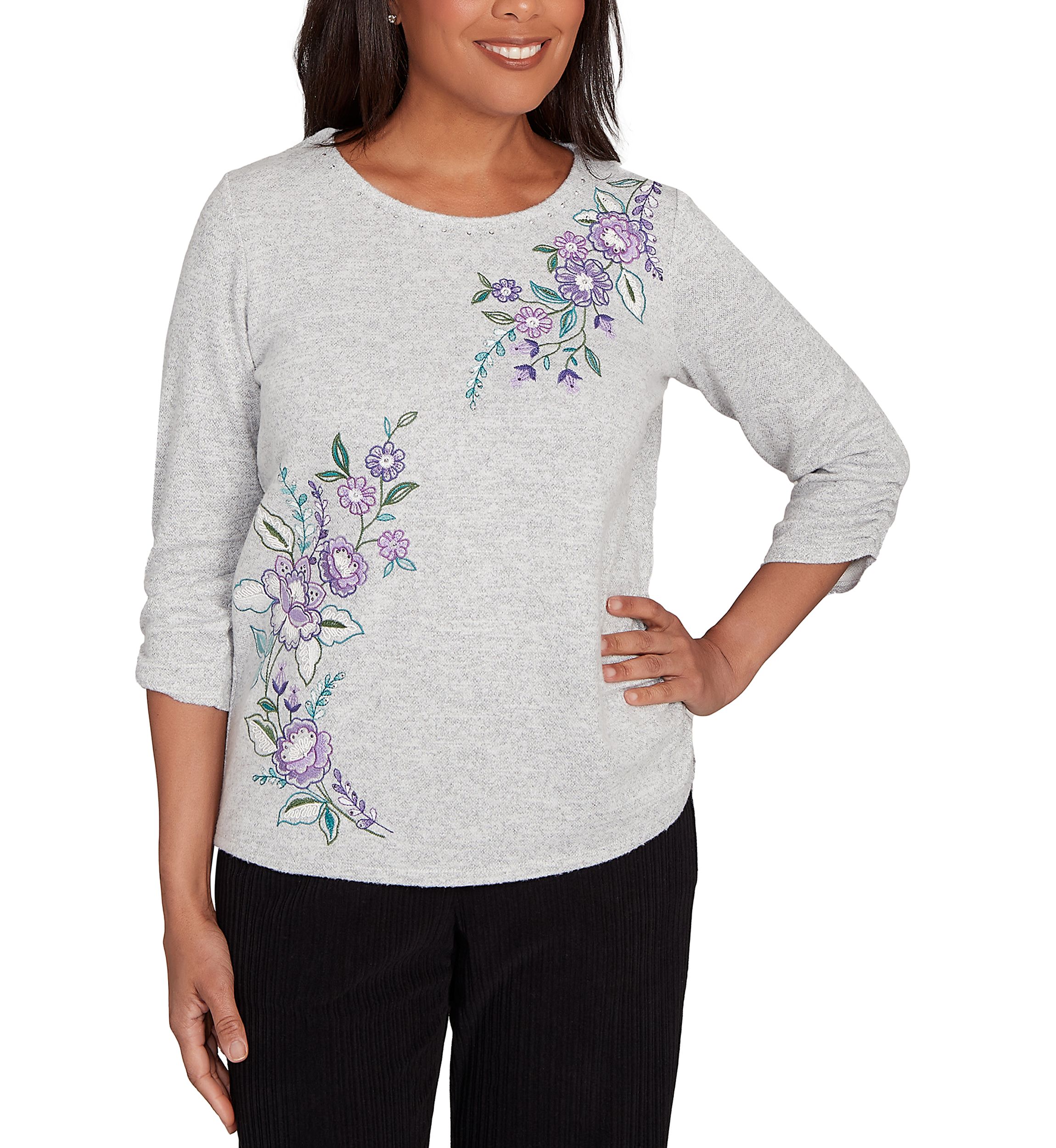 Womens Casual Vibe Asymmetric Flowers Embroidery Top 