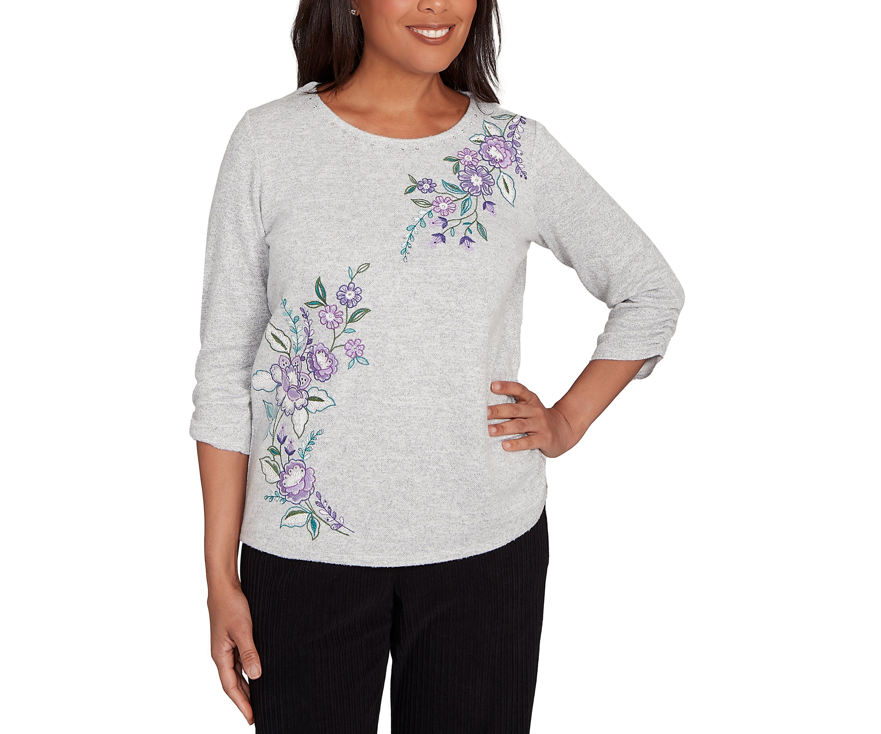 Womens Casual Vibe Asymmetric Flowers Embroidery Top 