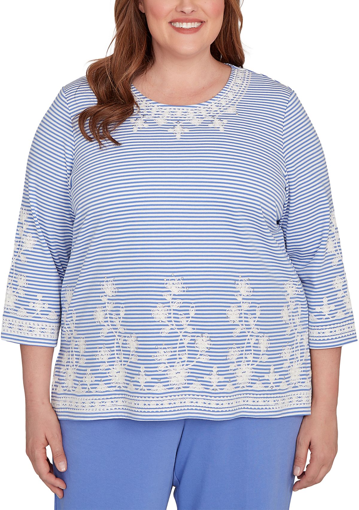 Plus Size Casual Vibe Stripe with Soutache Embroidery Top