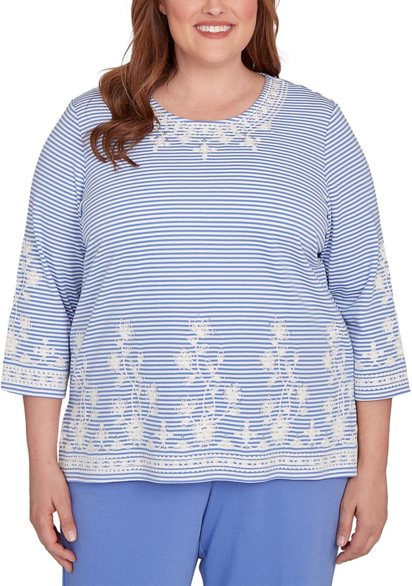Plus Size Casual Vibe Stripe with Soutache Embroidery Top