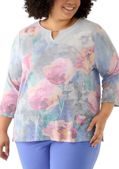  Plus Size Casual Vibe Border Brushstroke Floral Top