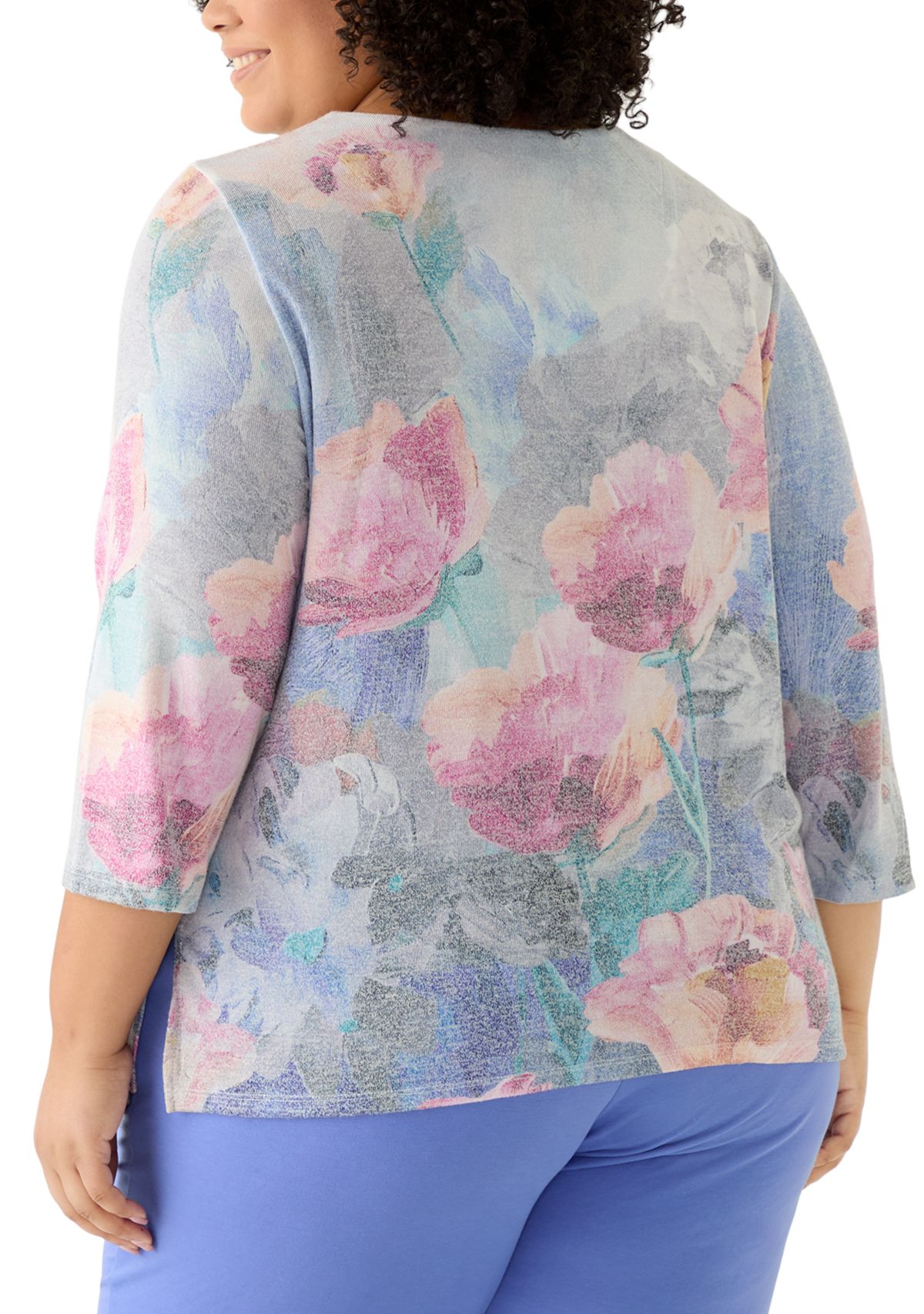  Plus Size Casual Vibe Border Brushstroke Floral Top