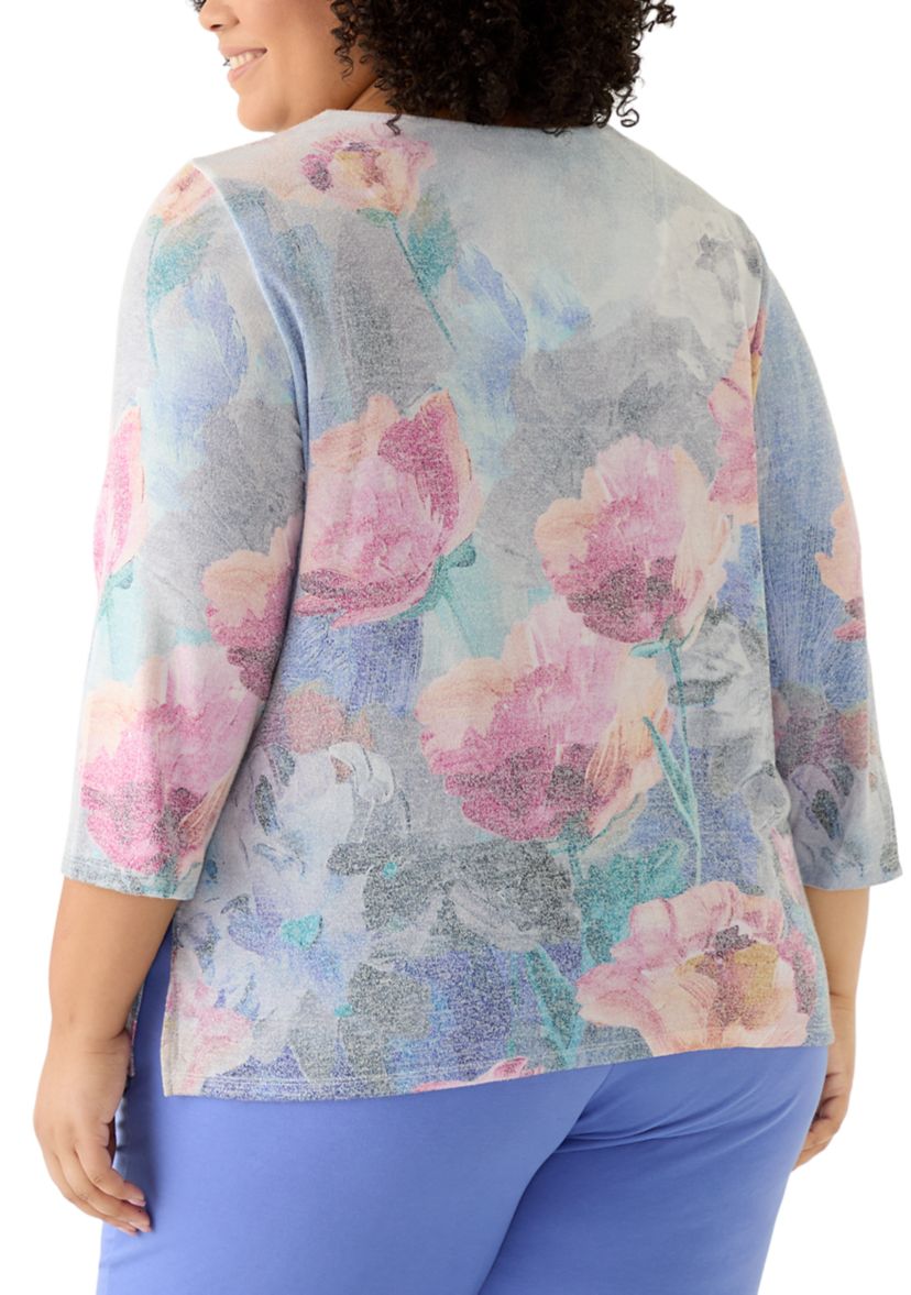  Plus Size Casual Vibe Border Brushstroke Floral Top