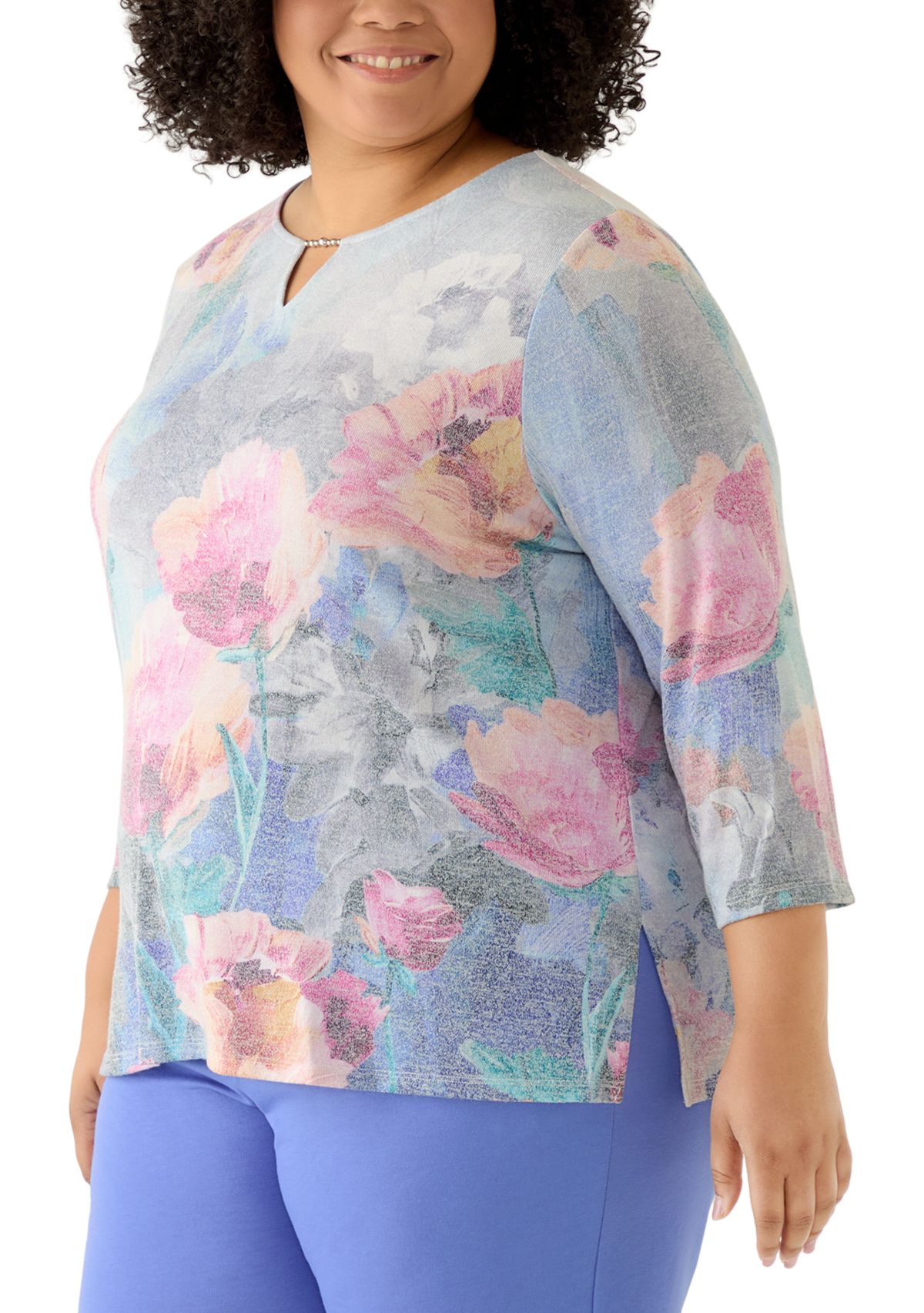  Plus Size Casual Vibe Border Brushstroke Floral Top