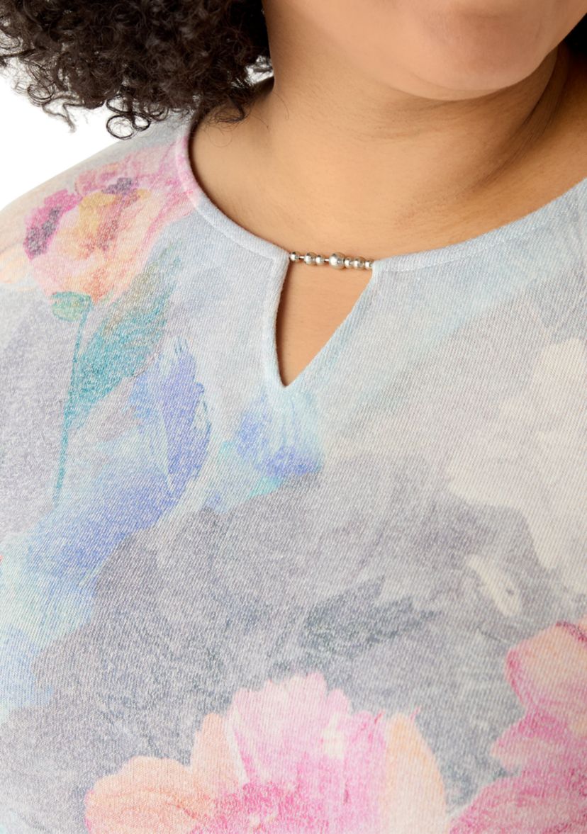  Plus Size Casual Vibe Border Brushstroke Floral Top