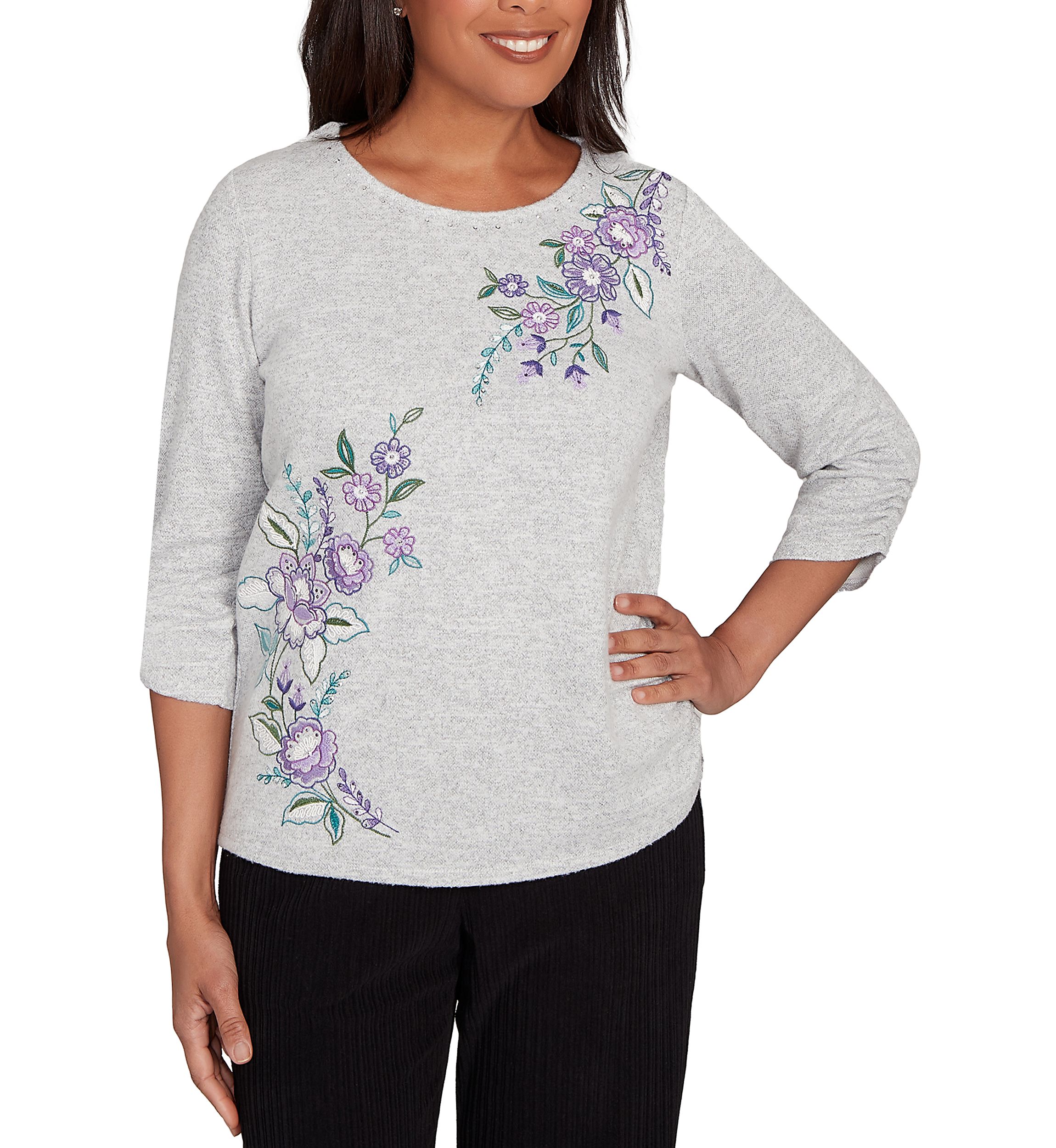 Petite Casual Vibe Asymmetric Flowers Embroidery Top 