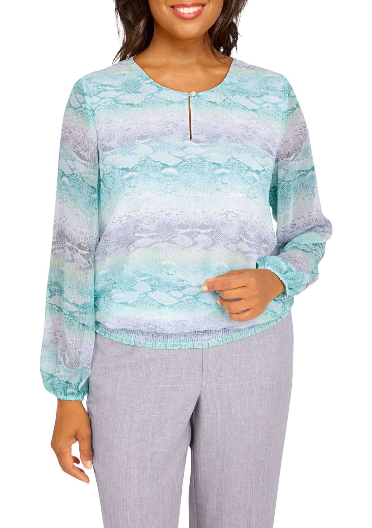 Womens Lady Like Python Stripe Shirred Hem Blouse