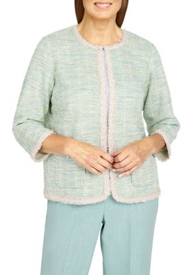 Petite Lady Like Knit Boucle Jacket with Pearl Trim