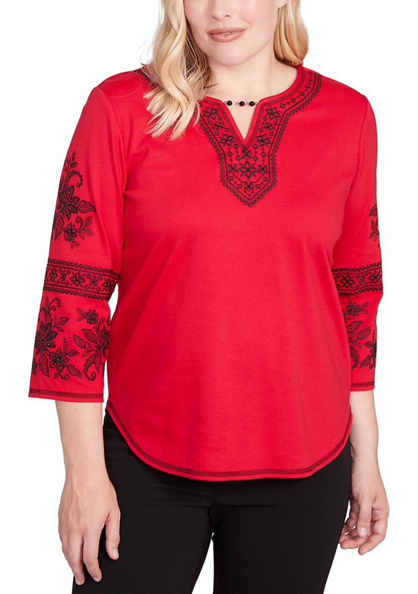 Womens Jet Setter Embroidered Sleeves Top