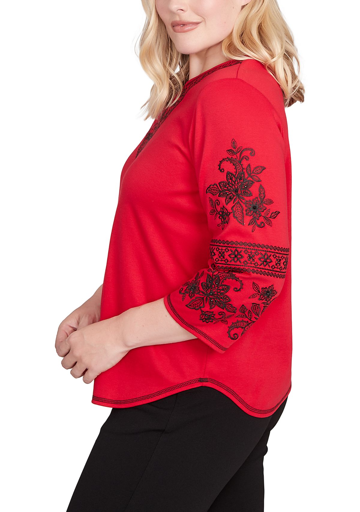 Womens Jet Setter Embroidered Sleeves Top