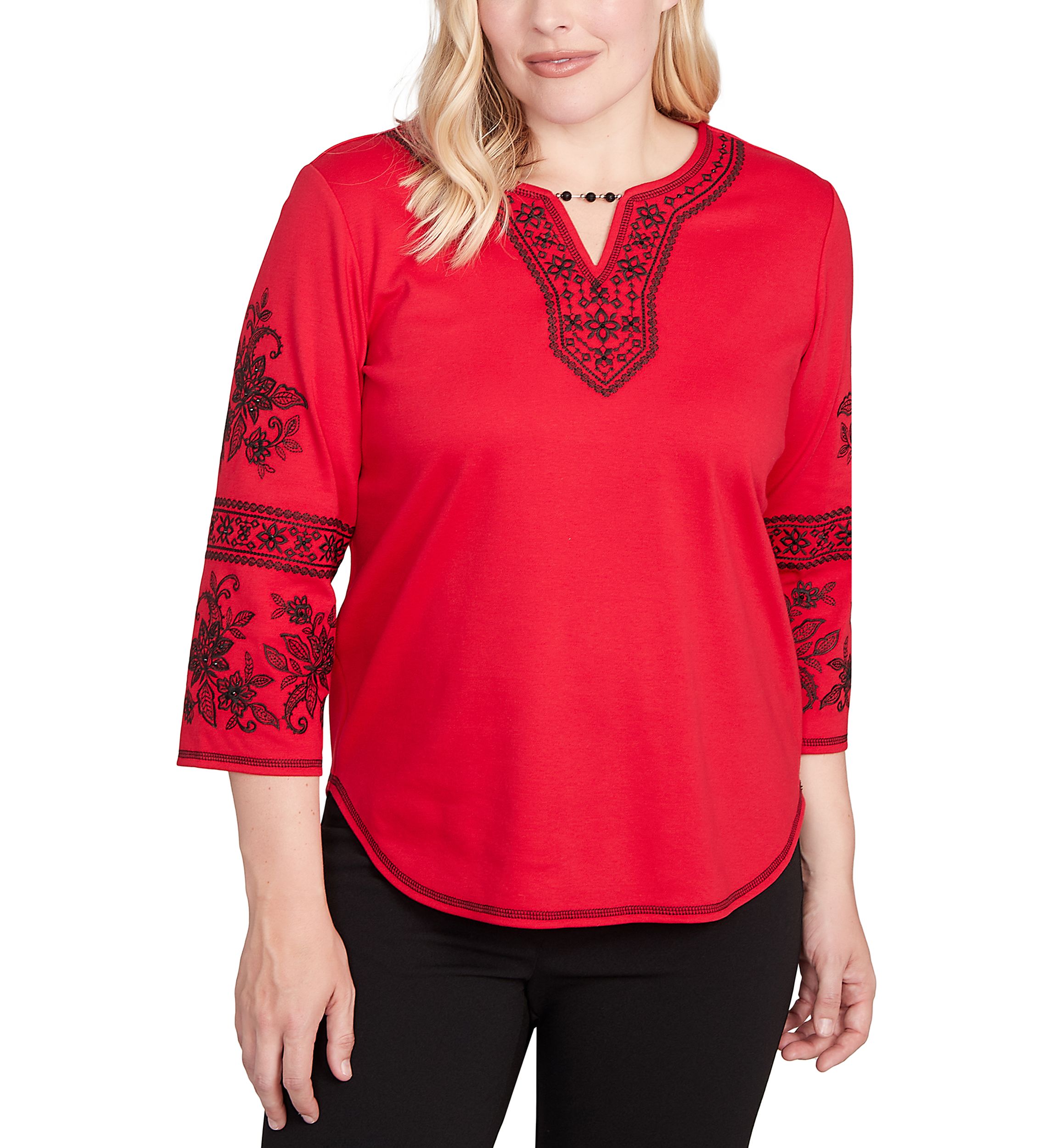 Petite Jet Setter Embroidered Sleeve Top 