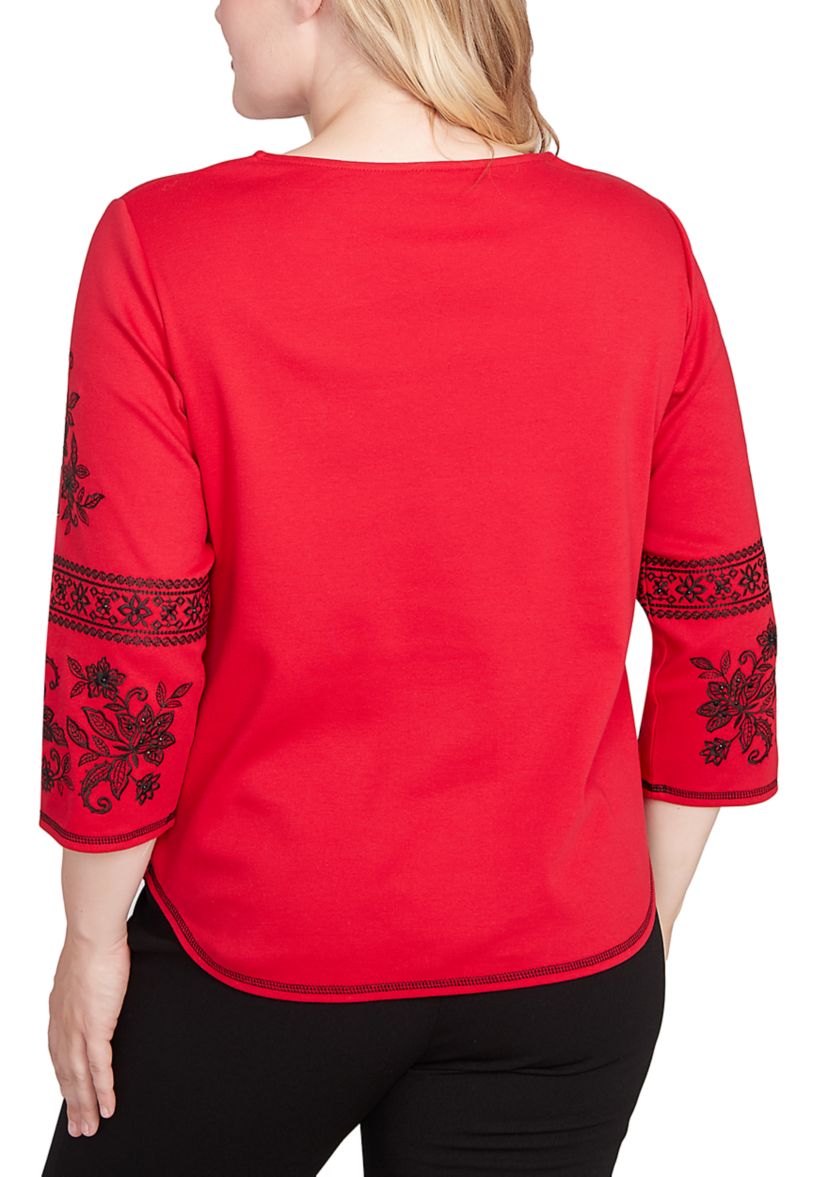 Petite Jet Setter Embroidered Sleeve Top 