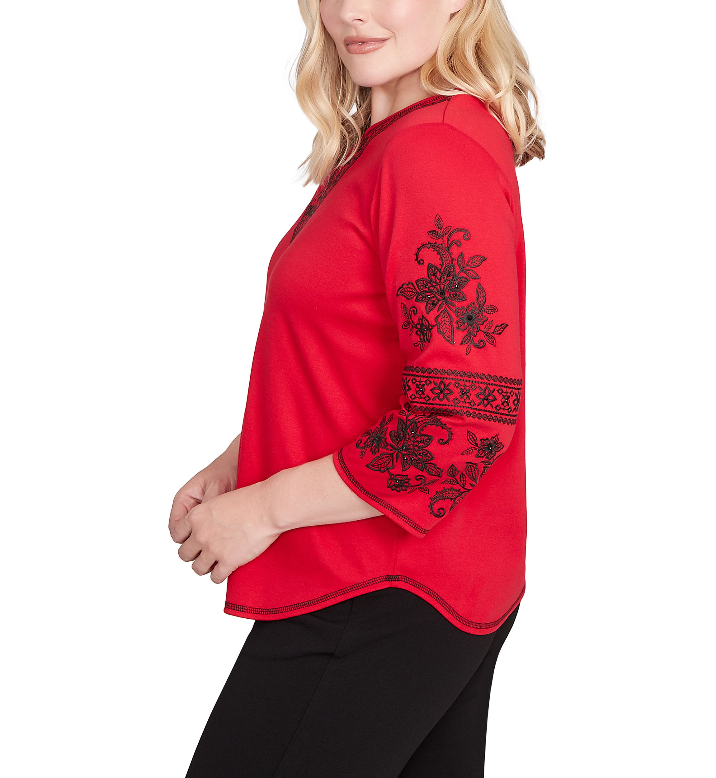 Petite Jet Setter Embroidered Sleeve Top 
