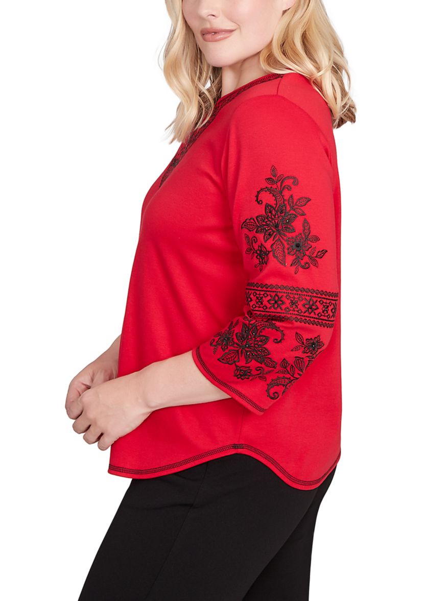 Petite Jet Setter Embroidered Sleeve Top 