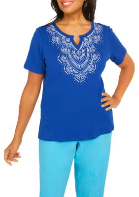 Petite Short Sleeve Split Neck Embroidered Top