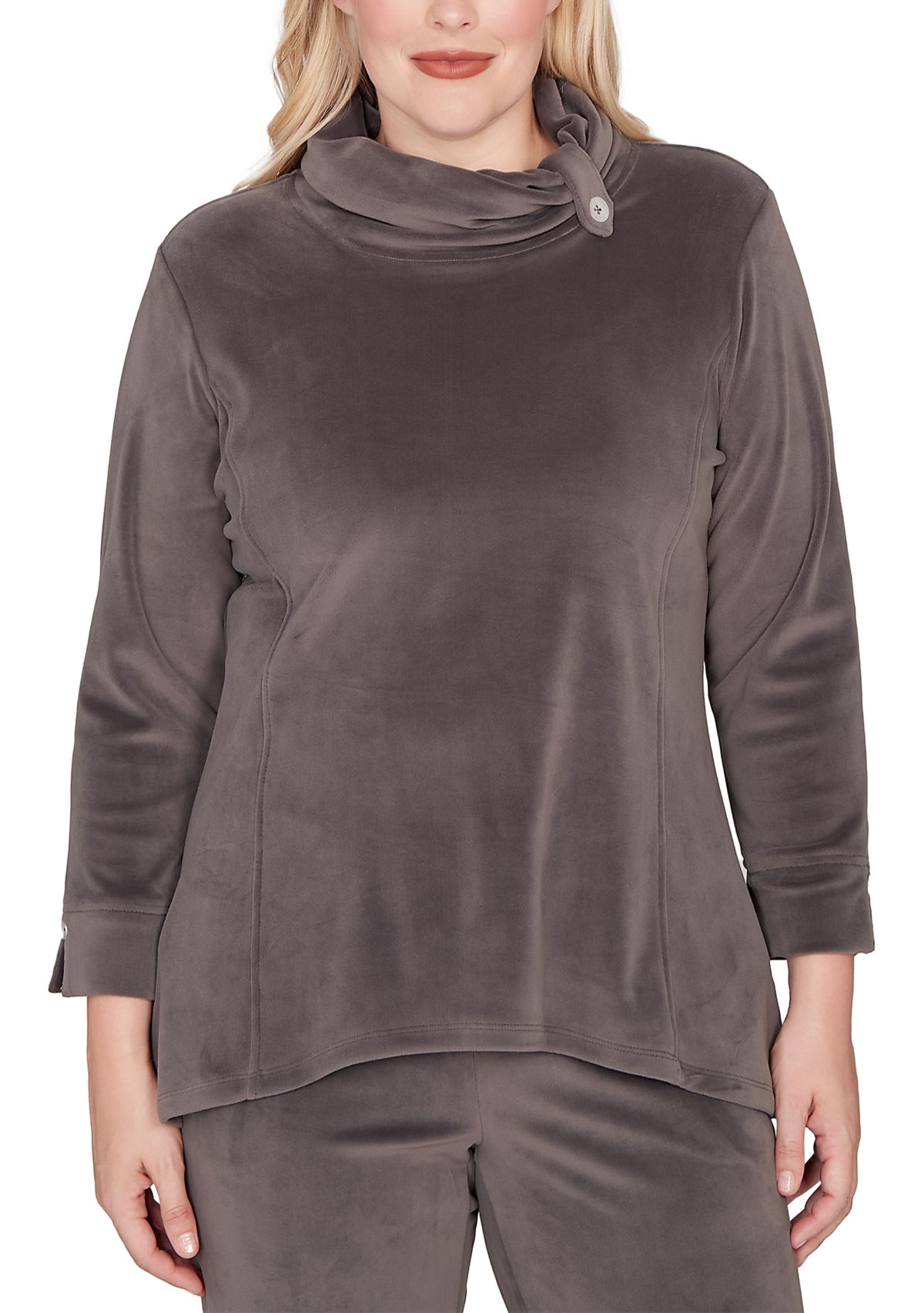 Womens Calm Luxe Cowl Neck Button Tab Top