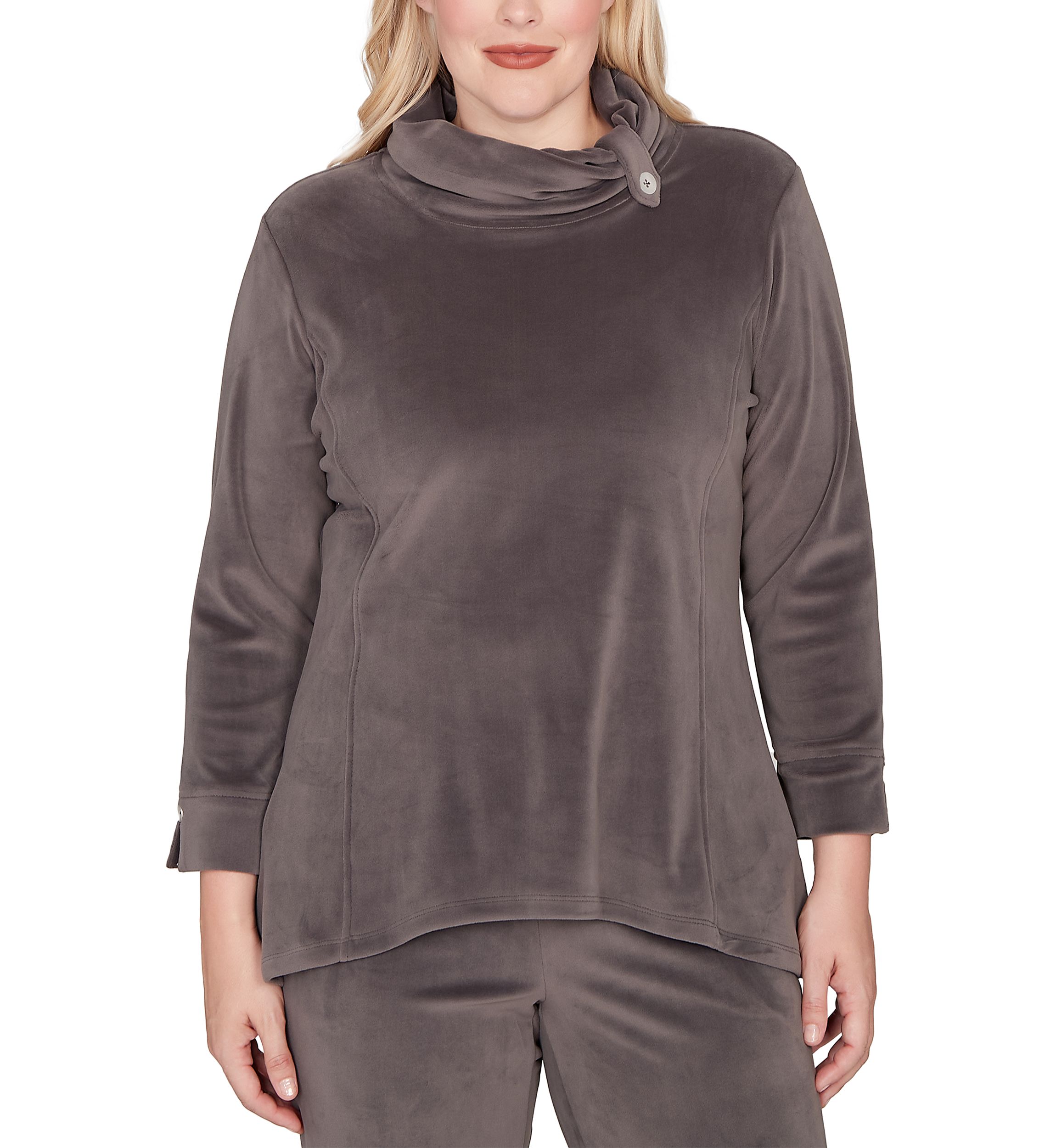 Womens Calm Luxe Cowl Neck Button Tab Top