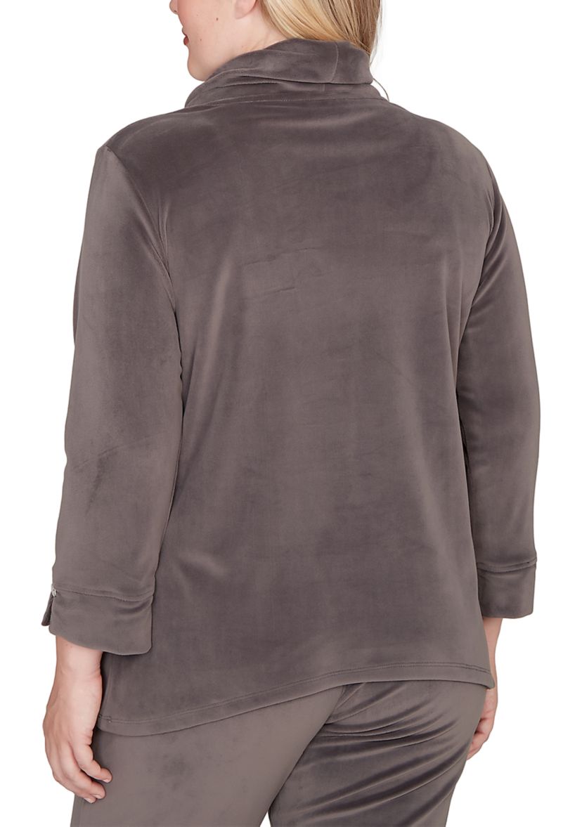 Womens Calm Luxe Cowl Neck Button Tab Top