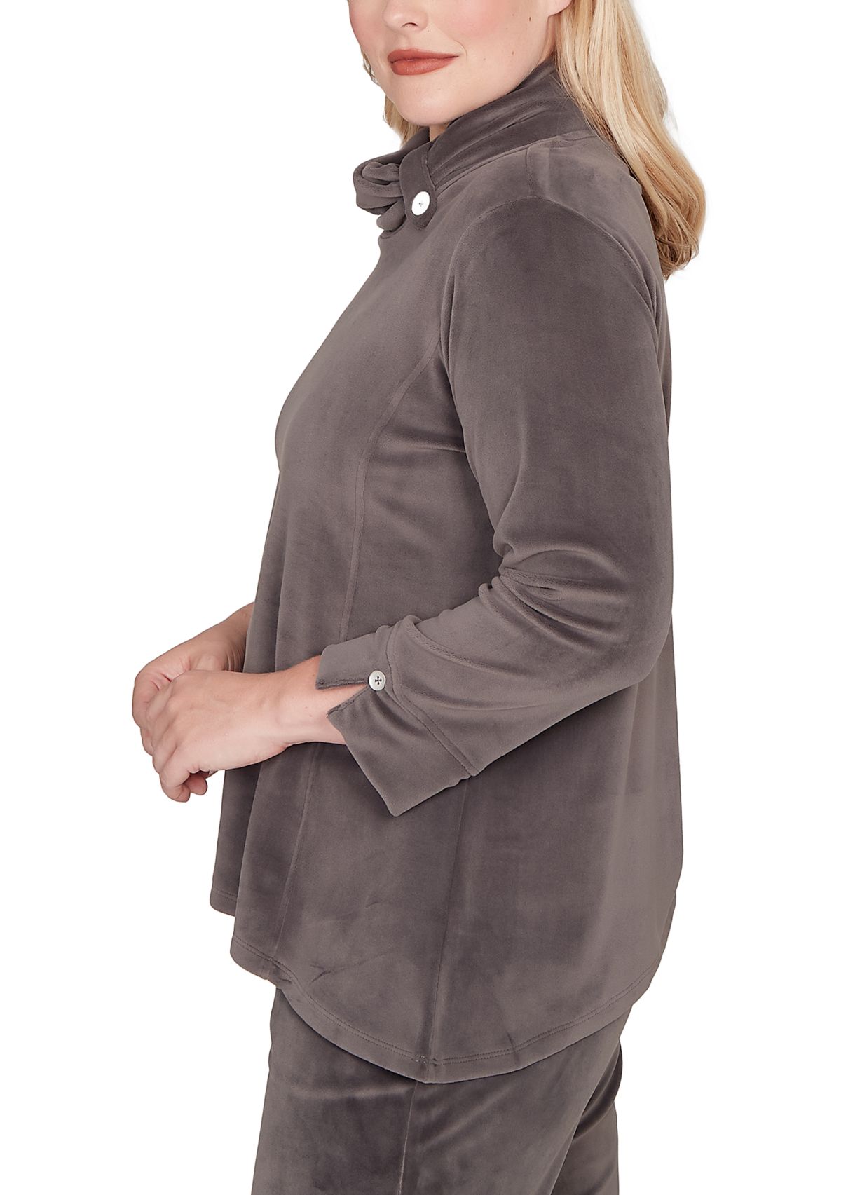 Womens Calm Luxe Cowl Neck Button Tab Top