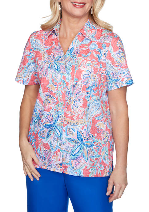 Petite Look On The Brightside Jacobean Floral Burnout Shirt 