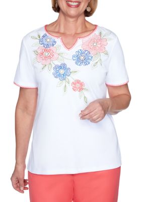 Alfred Dunner Petite Look On The Brightside Embroidered Floral Yoke Top ...
