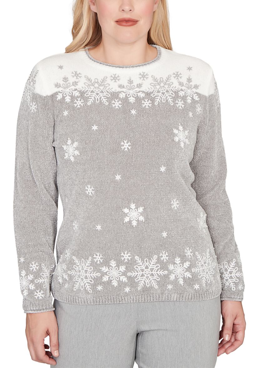 Petite Stockbridge Snowflake Embroidery Chenille Top 