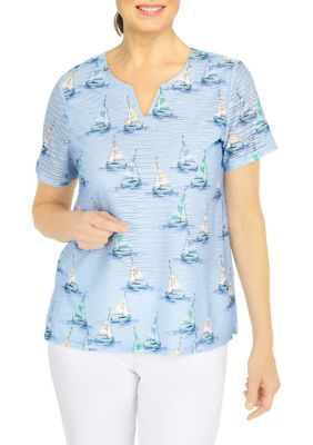 Women's Short Sleeve Sailboat Split Neck T-Shirt