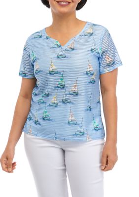 Petite Short Sleeve Sailboat Split Neck Top