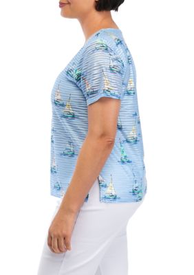 Petite Short Sleeve Sailboat Split Neck Top