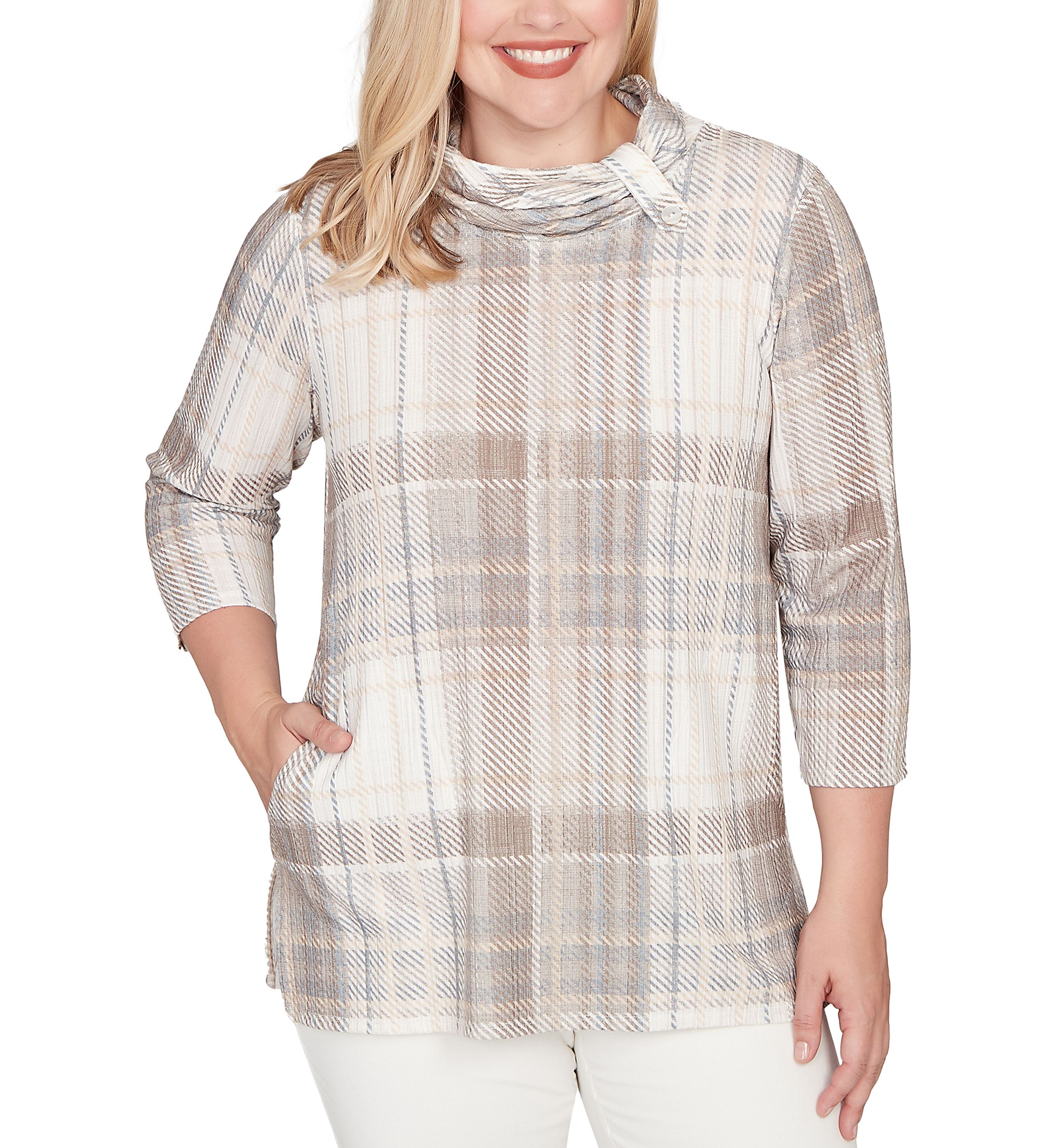 Womens Vienna Plaid Cowl Neck Top 