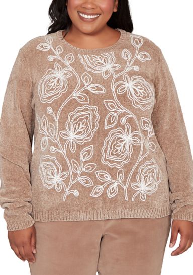 Plus Size Vienna Stitched Leaves Chenille Sweater