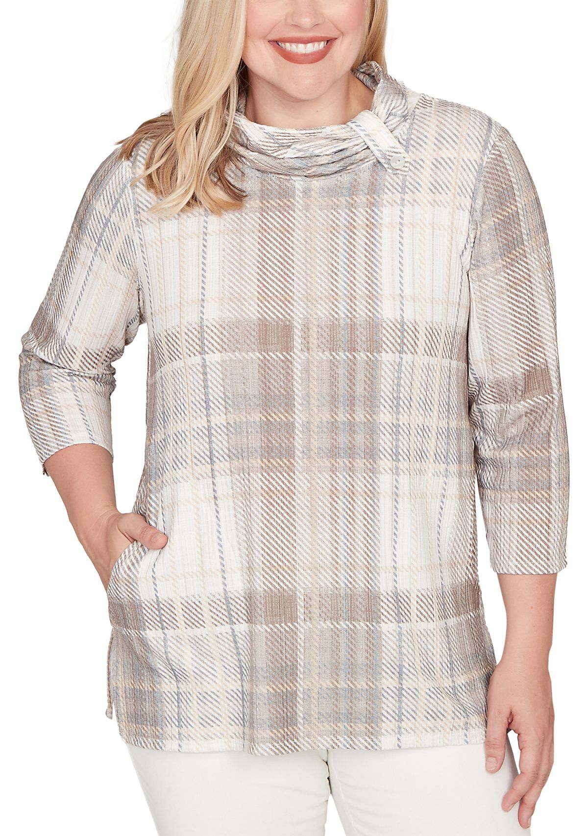 Petite Vienna Plaid Cowl Neck Top 