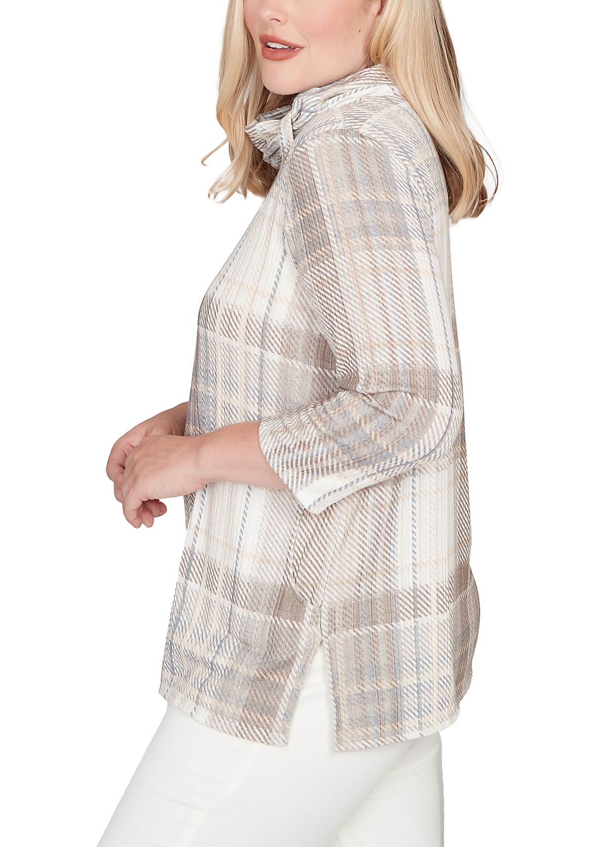Petite Vienna Plaid Cowl Neck Top 