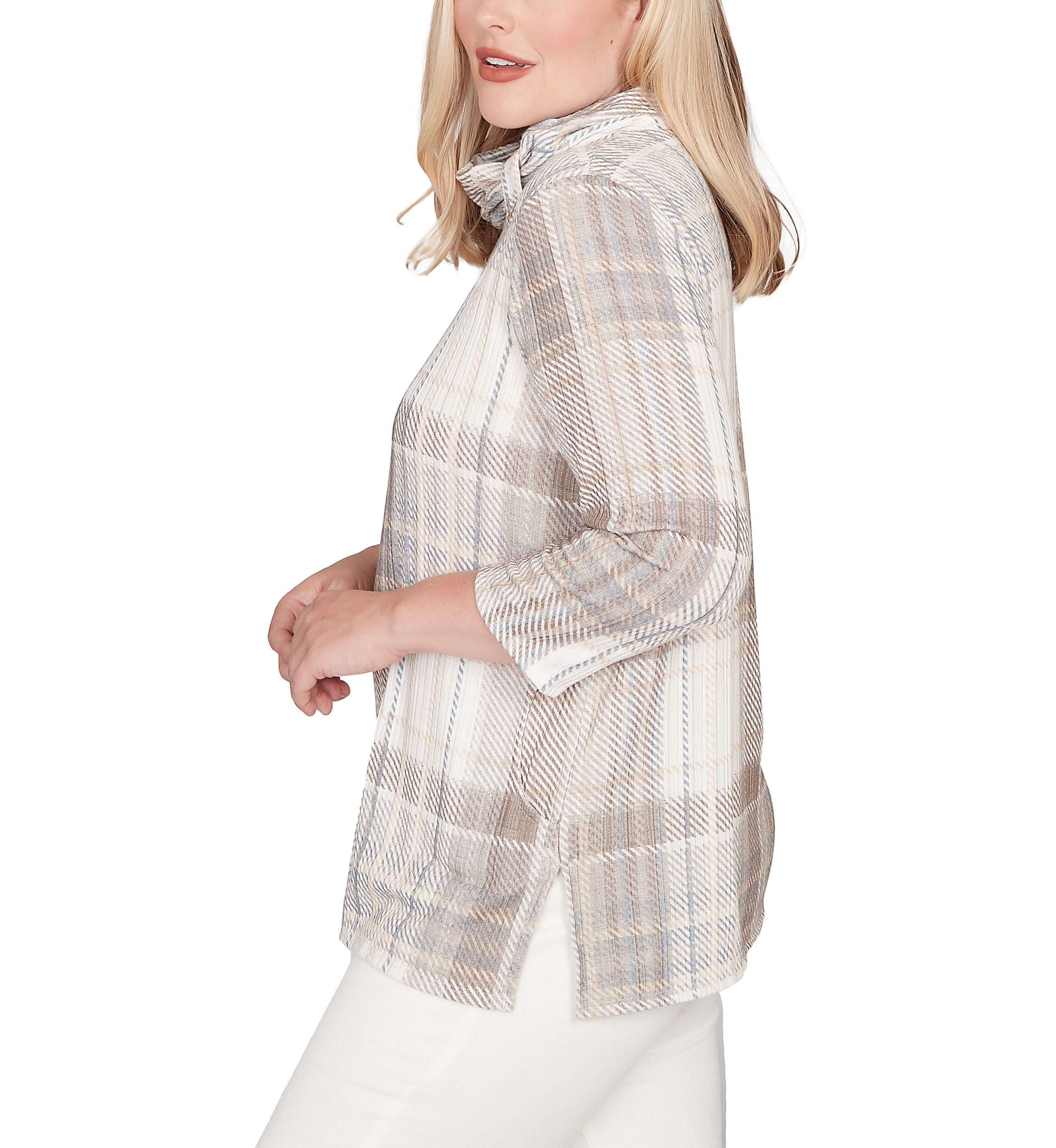 Petite Vienna Plaid Cowl Neck Top 