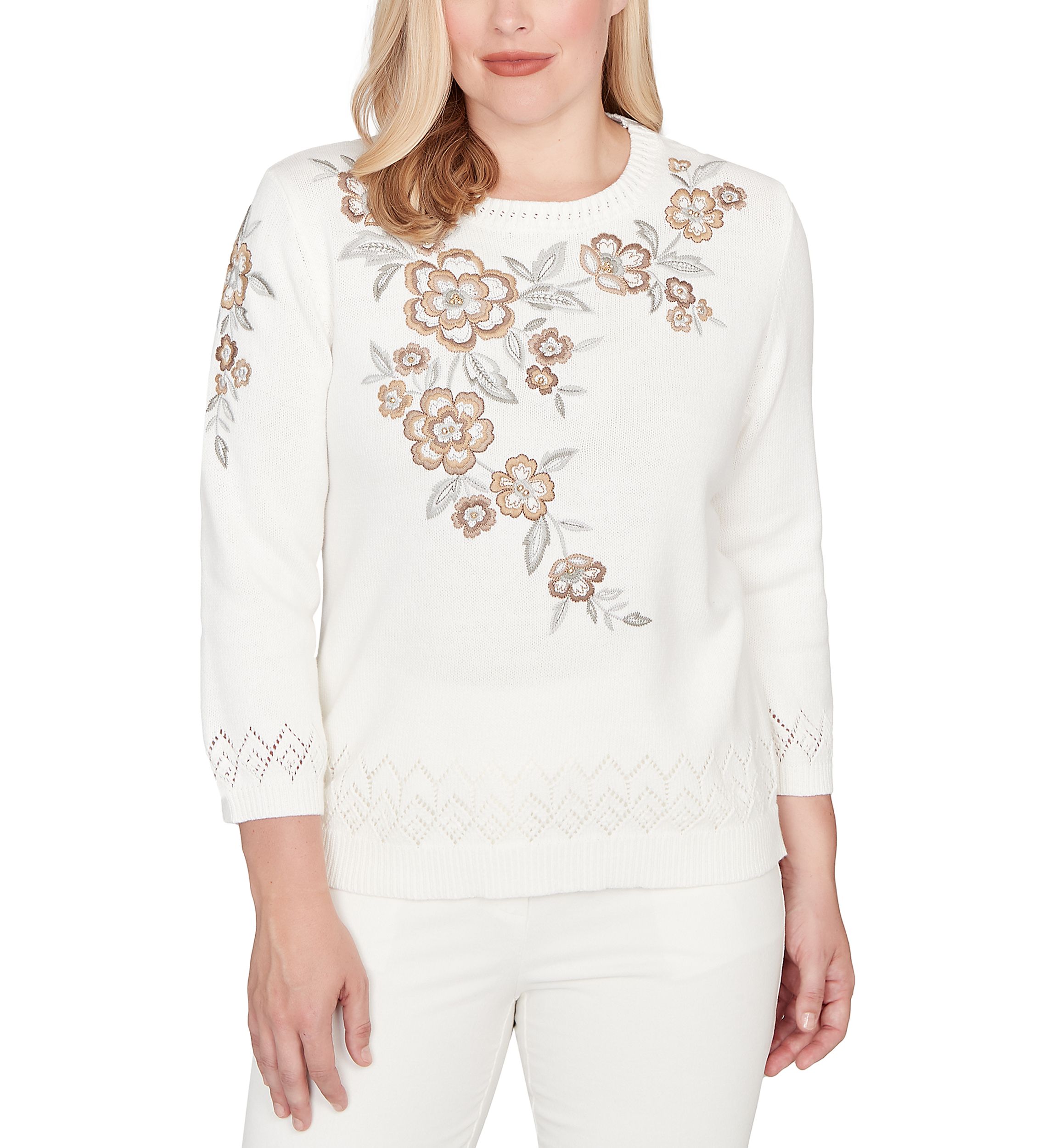 Petite Vienna Floral Embroidery Yoke Cotton/Acrylic Top 