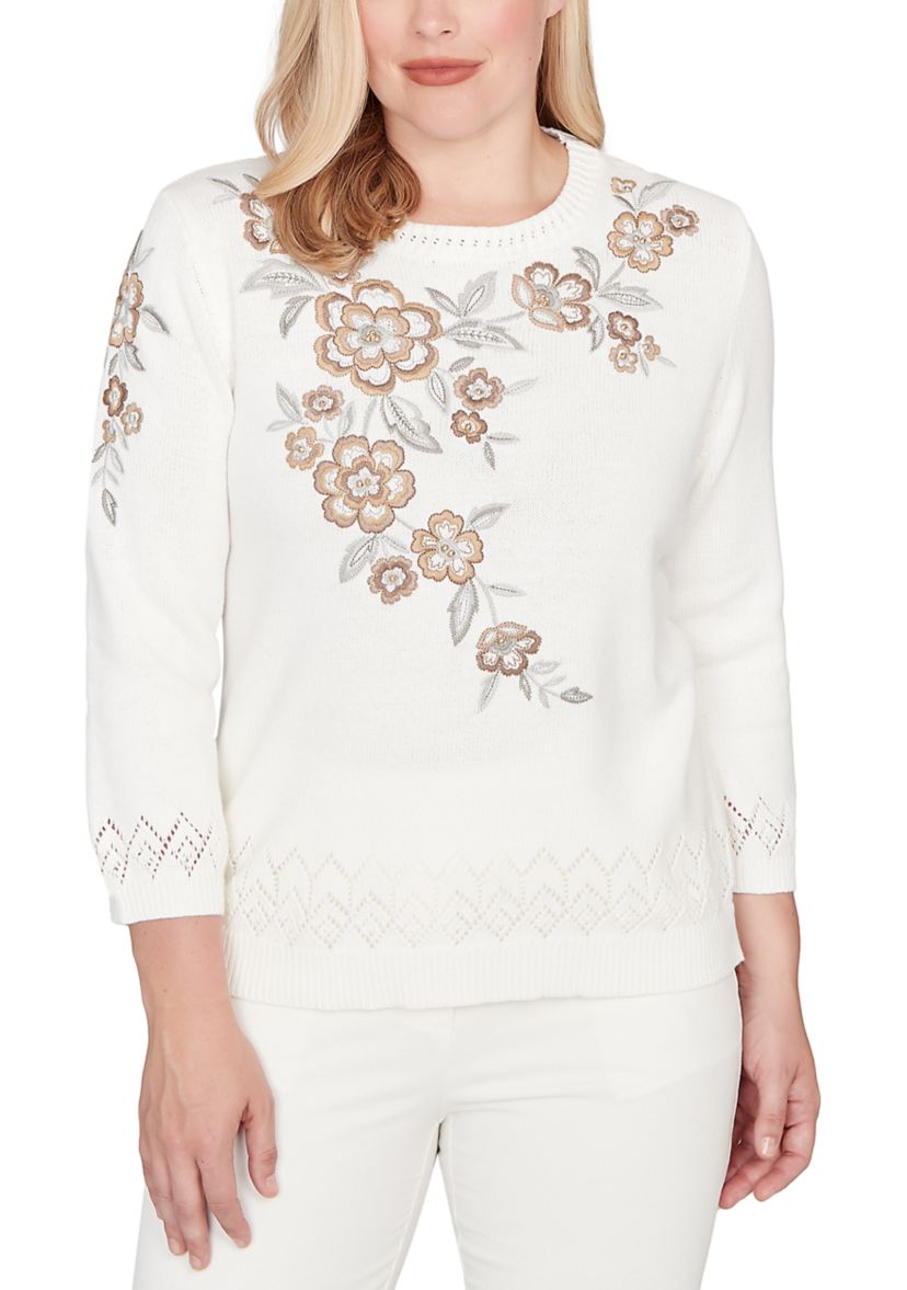 Petite Vienna Floral Embroidery Yoke Cotton/Acrylic Top 