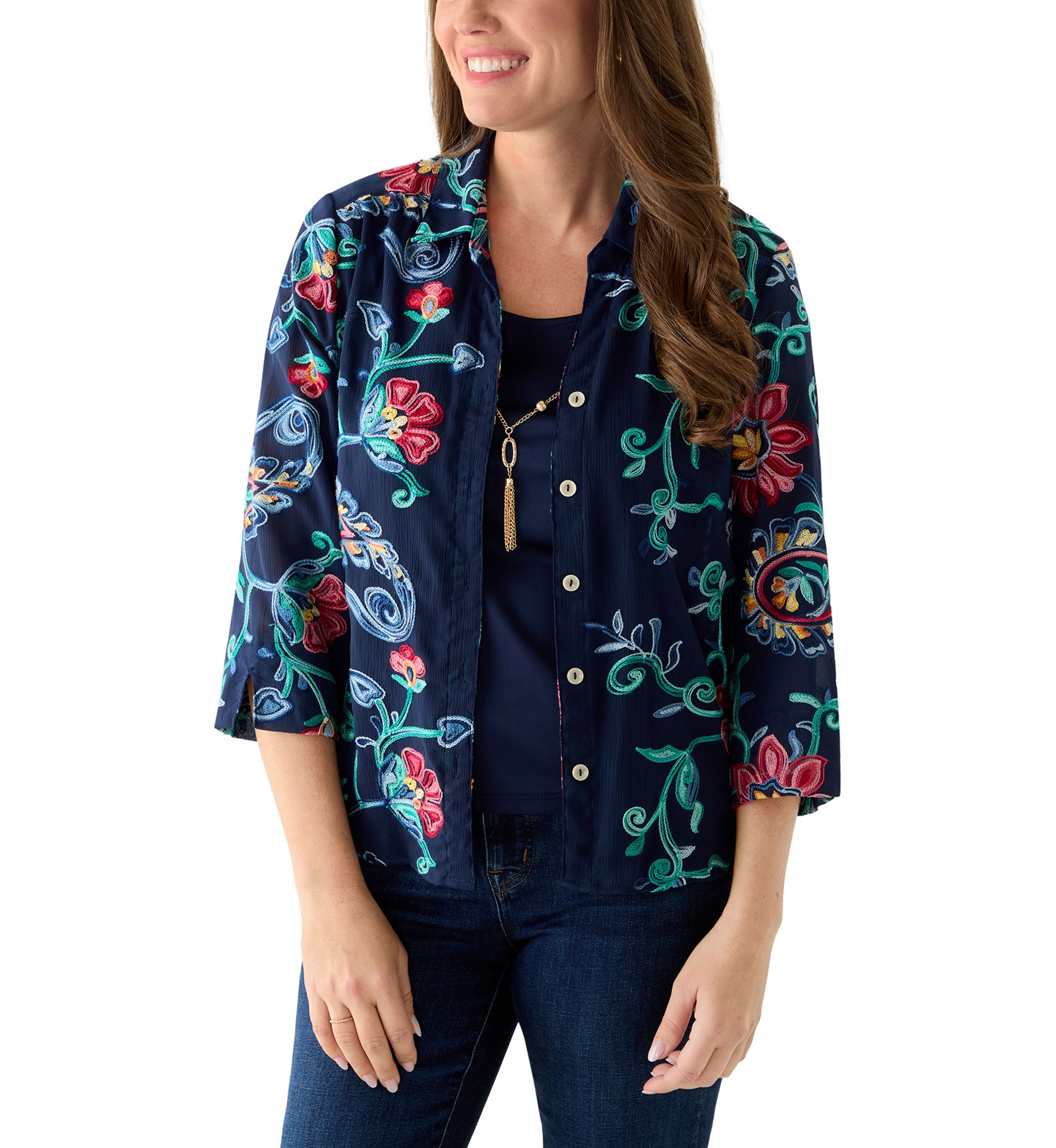 Alfred Dunner Women's Petite Floral Striped Top – Crewneck Three-Quarter Sleeve Blouse - View #13