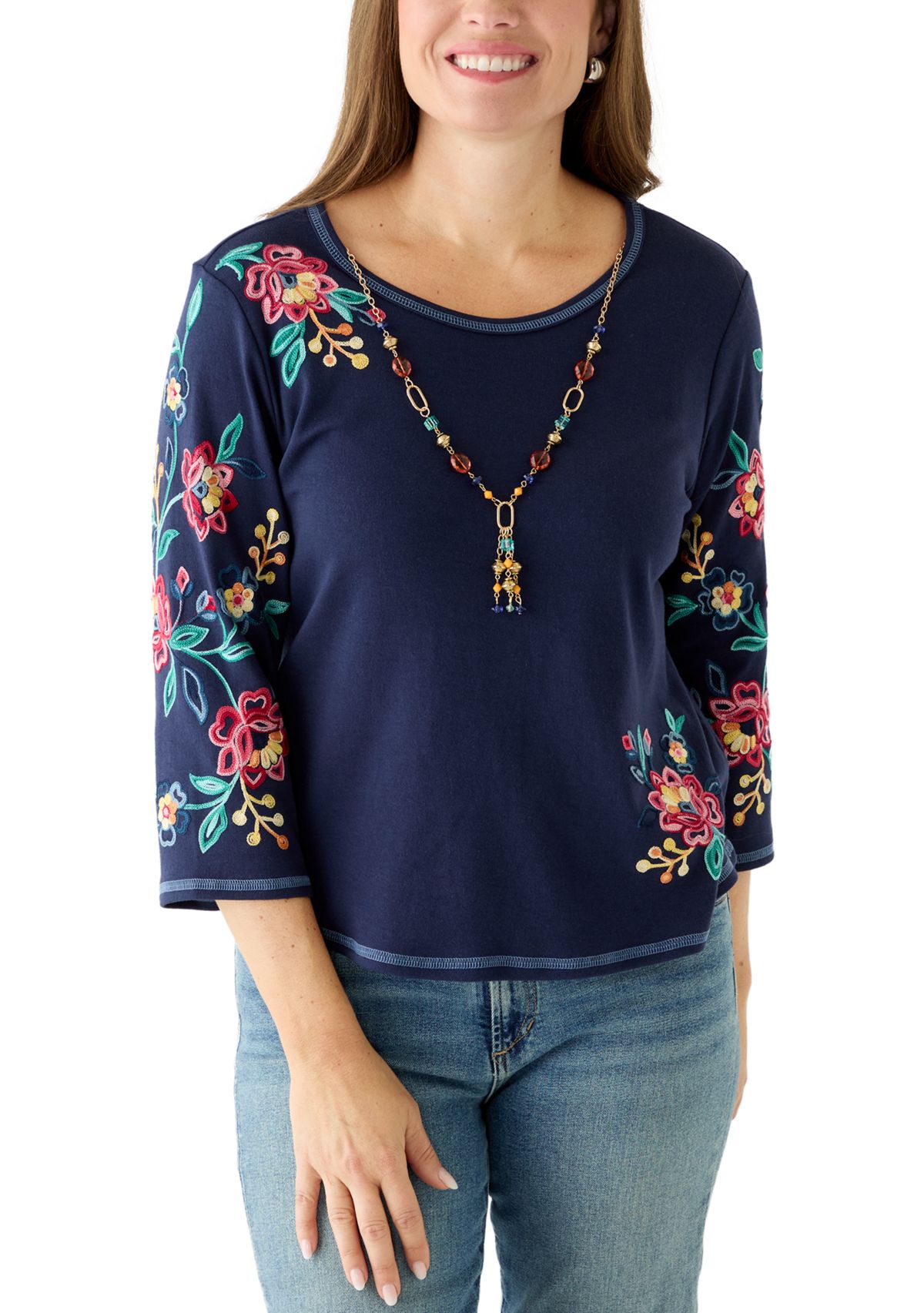 Petite Crew Neck Embroidered Sleeve Top